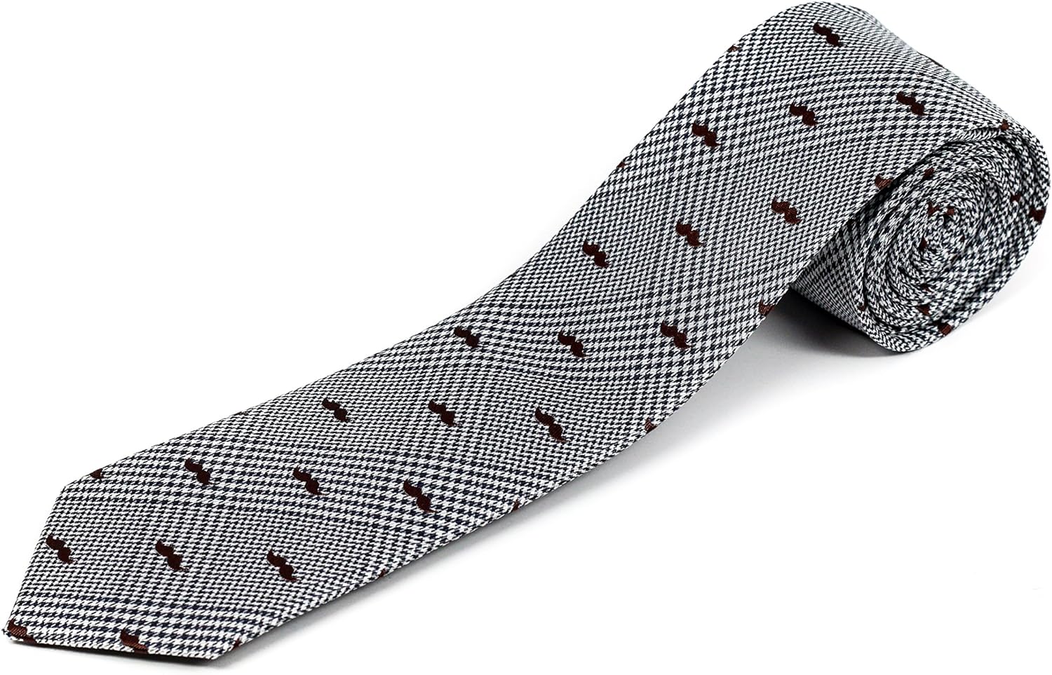 Extra Long Skinny Tie for Big and Tall Men – 100% Silk – Plaid with Brown Mustaches – 63&quot; XL